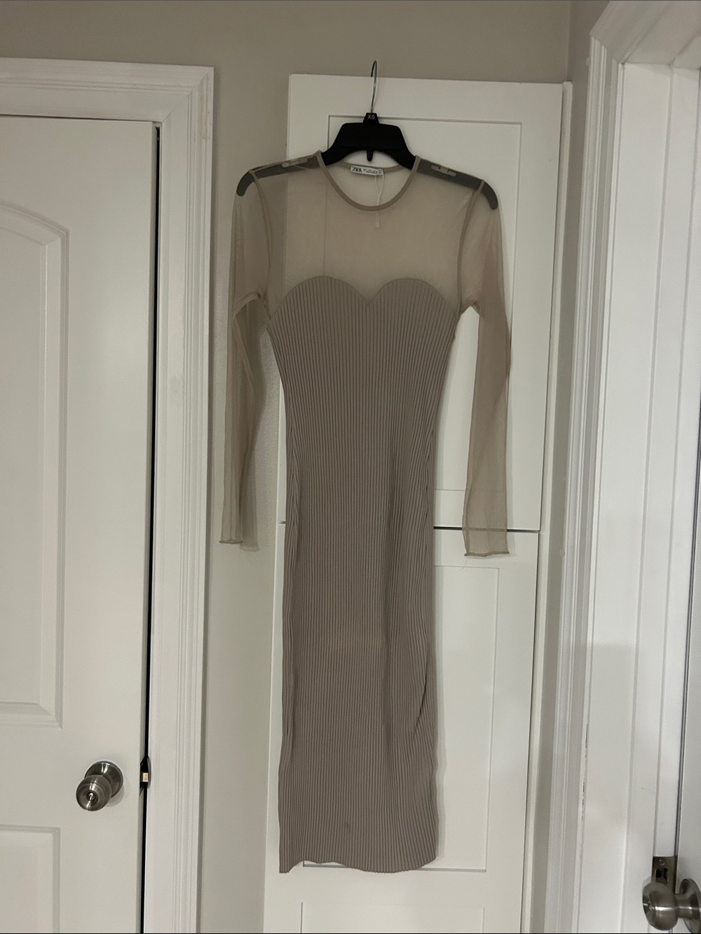 Zara Taupe Sheer-Sleeve Ribbed Midi Dress